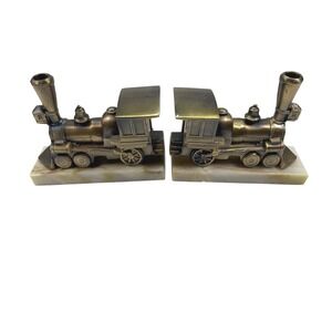 Vintage New Diamond Train Bookends Brass Locomotive Marble Base Set